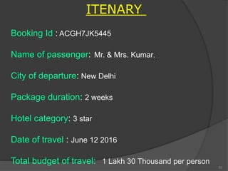 ITENARY
Booking Id : ACGH7JK5445
Name of passenger: Mr. & Mrs. Kumar.
City of departure: New Delhi
Package duration: 2 weeks
Hotel category: 3 star
Date of travel : June 12 2016
Total budget of travel: 1 Lakh 30 Thousand per person
53
 