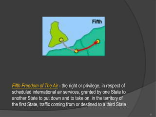 Fifth Freedom of The Air - the right or privilege, in respect of
scheduled international air services, granted by one State to
another State to put down and to take on, in the territory of
the first State, traffic coming from or destined to a third State
97
 