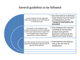 General guidelines to be followed
A travel request must be approved
before proceeding on any international
or domestic travel
The details on all exceptions with
respect to the policy must be explained
on the travel request form in case there
is an exception and it needs to be
approved by HOD and director.
An email need to be sent to the finance
department along with approval mail to
get the travel advance
• Any international or domestic
travel request must be raised
and followed as per the
“company travel policy and
procedure
• Any employee who requires
travelling for the business
purpose must get the
approval in advance by the
department head/ director
• Food expenses are allowed
only as per the limit of
entitlements
 