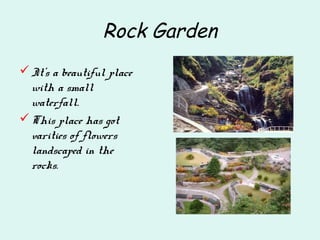 Rock Garden
It's a beautiful place
with a small
waterfall.
This place has got
varities of flowers
landscaped in the
rocks.
 