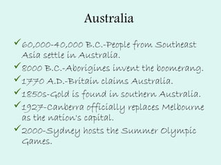 Australia
60,000-40,000 B.C.-People from Southeast
Asia settle in Australia.
8000 B.C.-Aborigines invent the boomerang.
1770 A.D.-Britain claims Australia.
1850s-Gold is found in southern Australia.
1927-Canberra officially replaces Melbourne
as the nation's capital.
2000-Sydney hosts the Summer Olympic
Games.
 