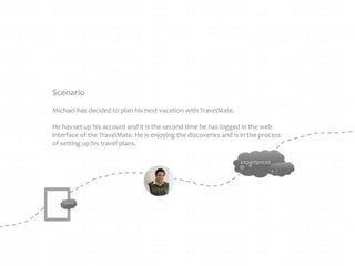 Scenario
Michael has decided to plan his next vacation with TravelMate.
He has set up his account and it is the second time he has logged in the web
interface of the TravelMate. He is enjoying the discoveries and is in the process
of setting up his travel plans.
experiences

stories

 