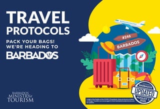 BARBADOS
#246
PACK YOUR BAGS!
WE'RE HEADING TO
TRAVEL
PROTOCOLS
InlightoftheﬂuidityoftheCOVID-19pandemic,theseprotocolsarelikely
tochange.Travellersareencouragedtocheckbarbadostravelprotocols.com
forupdates.
BARBADOS
AUGUST 3,2020
UPDATED
 