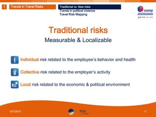 1

Trends in Travel Risks

Traditional vs. New risks

Trends in political violence
Travel Risk Mapping

Traditional risks
Measurable & Localizable
Individual risk related to the employee’s behavior and health
Collective risk related to the employer’s activity
Local risk related to the economic & political environment

10/7/2013

17

 