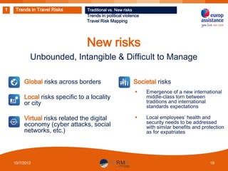 1

Trends in Travel Risks

Traditional vs. New risks

Trends in political violence
Travel Risk Mapping

New risks
Unbounded, Intangible & Difficult to Manage
Global risks across borders
Local risks specific to a locality
or city
Virtual risks related the digital
economy (cyber attacks, social
networks, etc.)

10/7/2013

Societal risks


Emergence of a new international
middle-class torn between
traditions and international
standards expectations



Local employees’ health and
security needs to be addressed
with similar benefits and protection
as for expatriates

19

 