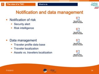 2

The view of a TMC

What to do

Notification and data management
 Notification of risk
 Security alert
 Risk intelligence

 Data management
 Traveler profile data base
 Traveler localization
 Assets vs. travelers localization

7/10/2013

34

 