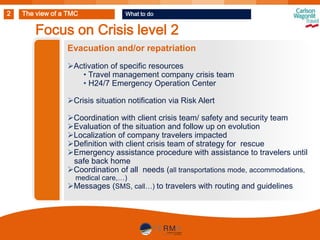 2

The view of a TMC

What to do

Focus on Crisis level 2
Evacuation and/or repatriation
Activation of specific resources
• Travel management company crisis team
• H24/7 Emergency Operation Center
Crisis situation notification via Risk Alert
Coordination with client crisis team/ safety and security team
Evaluation of the situation and follow up on evolution
Localization of company travelers impacted
Definition with client crisis team of strategy for rescue
Emergency assistance procedure with assistance to travelers until
safe back home
Coordination of all needs (all transportations mode, accommodations,
medical care,…)
Messages (SMS, call…) to travelers with routing and guidelines

 