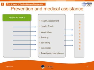 3

The Answer of the Assistance Companies

Prevention and medical assistance
MEDICAL RISKS

• Health Assessment
• Health Check
• Vaccination
• Training
• eLearning

• Information

A
S
S
I
S
T
A
N
C
E

• Travel policy compliance

7/10/2013

44

 