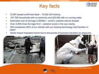 Key facts







12,087 people confirmed dead – 15,552 still missing
167,700 households with no electricity and 200,000 with no running water
Estimated cost of damage is $300bn – world’s costliest natural disaster
Over 4,000 times the legal limit – radiation levels in the sea nearby
550 companies (45% of our clients) with our tracking technology had travelers in
Japan
Narita Airport important transit hub to thousands of business travelers on stopovers.

Source / Image: Reuters, Associated Press

 