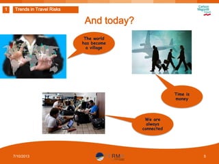 1

Trends in Travel Risks

And today?
The world
has become
a village

Time is
money

We are
always
connected

7/10/2013

5

 