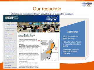 Our response
Global crisis management team activated; 24/7 support to members

Advice

Information

• Prioritized by
member safety and
well-being

• Dedicated website
(about 2,000 visitors/
day)

• Business continuity
considerations

• Email advisories
• 2 live webinars to
answer FAQs

• Employee info
sessions

Assistance
• 225 commercial
flight bookings
• Chartered an A330
to relocate members
to HK
• Secured multiple
seats on private
charters

 