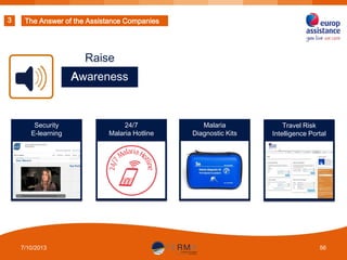 3

The Answer of the Assistance Companies

Raise
Awareness

Security
E-learning

7/10/2013

24/7
Malaria Hotline

Malaria
Diagnostic Kits

Travel Risk
Intelligence Portal

56

 