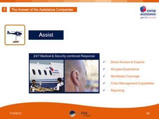 3

The Answer of the Assistance Companies

Assist

24/7 Medical & Security combined Response



50-years Experience



Worldwide Coverage



Crisis Management Capabilities



7/10/2013

Direct Access to Experts

Reporting

58

 
