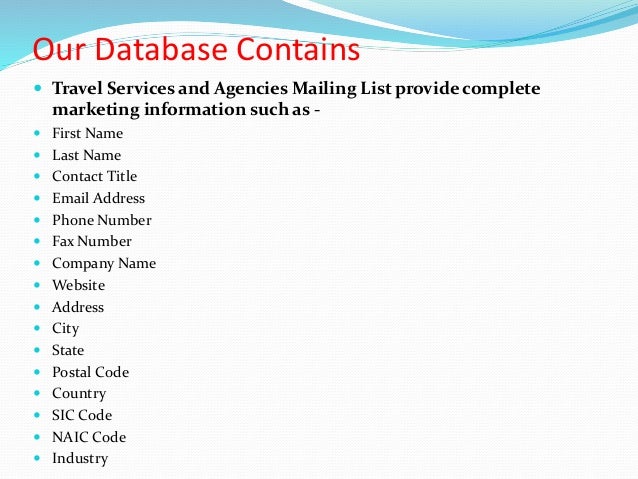 Targeted 8 Our Database Contains Travel Services And Agencies Targeted 8 Our Database Contains Travel Services And Agencies