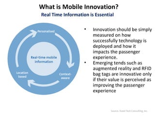 What is Mobile Innovation?
Real Time Information is Essential

                    •   Innovation should be simply
                        measured on how
                        successfully technology is
                        deployed and how it
                        impacts the passenger
                        experience.
                    •   Emerging tends such as
                        augmented reality and RFID
                        bag tags are innovative only
                        if their value is perceived as
                        improving the passenger
                        experience
 
