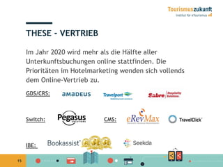 15
Im Jahr 2020 wird mehr als die Hälfte aller
Unterkunftsbuchungen online stattfinden. Die
Prioritäten im Hotelmarketing wenden sich vollends
dem Online-Vertrieb zu.
GDS/CRS:
Switch: CMS:
IBE:
THESE - VERTRIEB
 