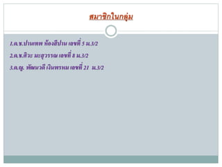 สมำชิกในกลุ่ม
1.ด.ช.ปานเทพ ห้องสีปาน เลขที่ 5 ม.3/2
2.ด.ช.ศิวะ มะสุวรรณ เลขที่ 8 ม.3/2
3.ด.ญ. พัฒนวดี เงินพรหม เลขที่ 21 ม.3/2
 