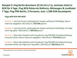 Beispiel 2: Flug Berlin-Barcelona 19.10.14 (+/-1), zentrales Hotel in 
BCN für 4 Tage, Flug BCN-Palma de Mallorca, Mietwagen & Landhotel 
7 Tage, Flug PMI-Berlin, 2 Personen, max. 1.500 EUR Gesamtpreis 
Flüge (BER-BCN-PMI-BER)* 
Variante 1: Low Cost Carrier, direkt gebucht, Easyjet und Ryanair Direktflüge, Datum 
exakt wie angegeben: 461 EUR p.P. / 922 EUR gesamt 
Variante 2: Low Cost Carrier, direkt gebucht, Easyjet und Ryanair Direktflüge, alle Flüge 
einen Tag später: 384 EUR p.P. / 768 EUR gesamt 
Variante 3: Iberia über Expedia multi-city gebucht, Flug PMI-BER Umsteigeverbindung, 
ansonsten direkt, Datum exakt wie angegeben: 366 EUR p.P./ 732 EUR gesamt 
Variante 4: Iberia über Expedia multi-city gebucht, Flug PMI-BER Umsteigeverbindung, 
ansonsten direkt, alle Flüge einen Tag später: 299 EUR p.P./ 598 EUR gesamt 
* Gepäckregelungen der Airlines bleiben im Beispiel unberücksichtigt 
2. Beispiele 
 