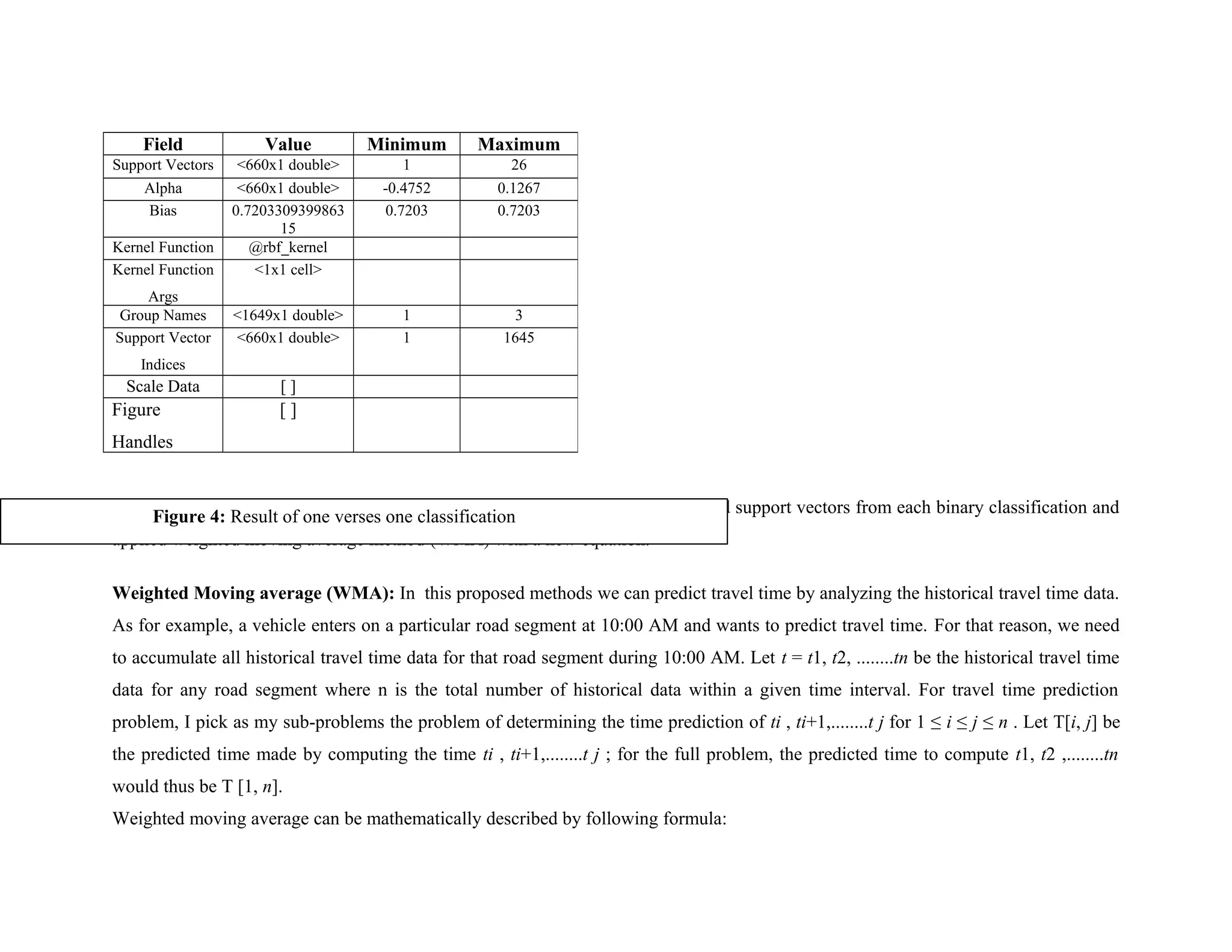 Step 5: After Classification using Multiclass Support Vector Machine I have used support vectors from each binary classification and
applied weighted moving average method (WMA) with a new equation.
Weighted Moving average (WMA): In this proposed methods we can predict travel time by analyzing the historical travel time data.
As for example, a vehicle enters on a particular road segment at 10:00 AM and wants to predict travel time. For that reason, we need
to accumulate all historical travel time data for that road segment during 10:00 AM. Let t = t1, t2, ........tn be the historical travel time
data for any road segment where n is the total number of historical data within a given time interval. For travel time prediction
problem, I pick as my sub-problems the problem of determining the time prediction of ti , ti+1,........t j for 1 ≤ i ≤ j ≤ n . Let T[i, j] be
the predicted time made by computing the time ti , ti+1,........t j ; for the full problem, the predicted time to compute t1, t2 ,........tn
would thus be T [1, n].
Weighted moving average can be mathematically described by following formula:
Field Value Minimum Maximum
Support Vectors <660x1 double> 1 26
Alpha <660x1 double> -0.4752 0.1267
Bias 0.7203309399863
15
0.7203 0.7203
Kernel Function @rbf_kernel
Kernel Function
Args
<1x1 cell>
Group Names <1649x1 double> 1 3
Support Vector
Indices
<660x1 double> 1 1645
Scale Data [ ]
Figure
Handles
[ ]
Figure 4: Result of one verses one classification
 