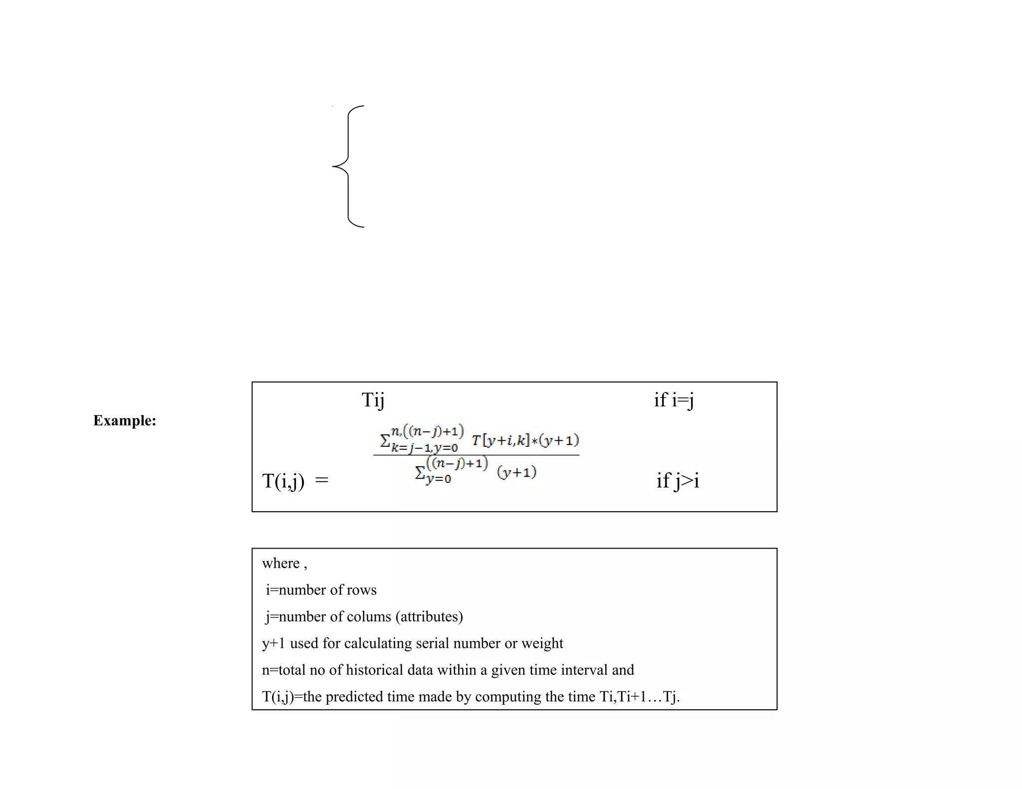 Example:
Tij if i=j
T(i,j) = if j>i
where ,
i=number of rows
j=number of colums (attributes)
y+1 used for calculating serial number or weight
n=total no of historical data within a given time interval and
T(i,j)=the predicted time made by computing the time Ti,Ti+1…Tj.
 