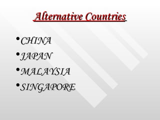 Alternative Countries   <ul><li>CHINA </li></ul><ul><li>JAPAN </li></ul><ul><li>MALAYSIA </li></ul><ul><li>SINGAPORE </li>...