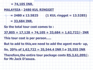 =  74,105 INR. MALAYSIA  :  2480 KUL RINGGET = 2480 x 13.5825  (1 KUL ringget = 13.5285) =  33,684 INR. So the total tour ...