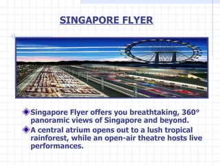 SINGAPORE FLYER <ul><li>Singapore Flyer offers you breathtaking, 360° panoramic views of Singapore and beyond. </li></ul><...
