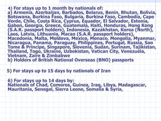 <ul><li>4)   For stays up to 1 month by nationals of: a) Armenia, Azerbaijan, Barbados, Belarus, Benin, Bhutan, Bolivia, B...
