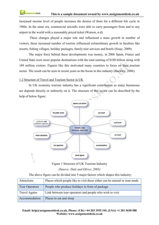 6
Email : help@assignmentdesk.co.uk, Phone: (UK) +44 203 3555345
Website: www.assignmentdesk.co.uk
This is a sample document owned by www.assignmentdesk.co.uk
1.2 Structure of Travel and Tourism Sector in UK
In UK economy tourism industry has a significant contribution as many businesses are depends directly or
indirectly on it. The structure of this sector can be described by the help of below figure:
Figure 1 Structure of UK Tourism Industry
(Source: Dale and Oliver, 2005)
The above figure can be divided into 5 major factors which shapes this industry:
Attractions
Tour Operators
Travel Agates
Accommodation
Places which people like to visit these either can be natural or man made
People who produce holidays in form of package
Link between tour operators and people who wish to visit
Places to eat and sleep
 