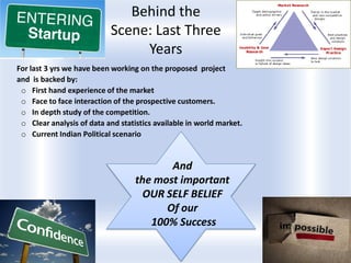 Behind the
Scene: Last Three
Years
For last 3 yrs we have been working on the proposed project
and is backed by:
o First hand experience of the market
o Face to face interaction of the prospective customers.
o In depth study of the competition.
o Clear analysis of data and statistics available in world market.
o Current Indian Political scenario
And
the most important
OUR SELF BELIEF
Of our
100% Success
 