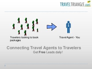 Connecting Travel Agents to Travelers
Get Free Leads daily!
Travel Agent - YouTravelers looking to book
packages
 
