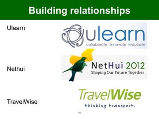 Building relationships
Ulearn




Nethui




TravelWise
                   14
 