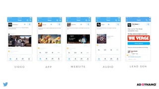 T W I T T E R
C A R D S
A P P
12:00 PM
Tweet
Timelines Notiﬁcations Messages Me
Reply to Samsung Mobile US
Samsung Mobile US!
@samsungmobileUS
“Why, yes, this is the new #GalaxyNote4.” Get used to saying it
because people will ask.
Promoted by Samsung Mobile US
9/19/14, 12:00 PM
Samsung Mobile US
Galaxy Note 4 – Do you Note?
Meet the new Galaxy Note 4 - with the best screen we’ve ever put on a phone. It’s great for multi-tasking.
V I D E O
12:00 PM
Tweet
Timelines Notiﬁcations Messages Me
Don Julio Tequila!
@donjulio
Find A Store Near You
W E B S I T E
View now
Savor the summer with Crafted Don Julio Cocktails. Find a store near
you.
Reply to Don Julio Tequila
Promoted by Don Julio Tequila
9/19/14, 12:00 PM
12:00 PM
Tweet
Timelines Notiﬁcations Messages Me
Reply to Foo Fighters
Foo Fighters!
@fooﬁghters
This next one’s the ﬁrst song on our new album! Listen Here
itunes.com/sfn.
Promoted by Foo Fighters
9/19/14, 12:00 PM
A U D I O
Something From Nothing
Foo Fighters
@fooﬁghters
iTunes
12:00 PM
Tweet
Timelines Notiﬁcations Messages Me
Clash of Clans!
@ClashofClans
Find A Store Near You Download
Hey Chief! Learn how to master the Lightning spell. Get the new Clash
of Clans now
Reply to Clash of Clans
Promoted by Clash of Clans
9/19/14, 12:00 PM
Promoted by The Verge
L E A D G E N
 