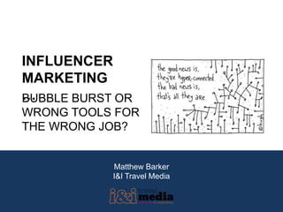 Matthew Barker
I&I Travel Media
INFLUENCER
MARKETING
…BUBBLE BURST OR
WRONG TOOLS FOR
THE WRONG JOB?
 