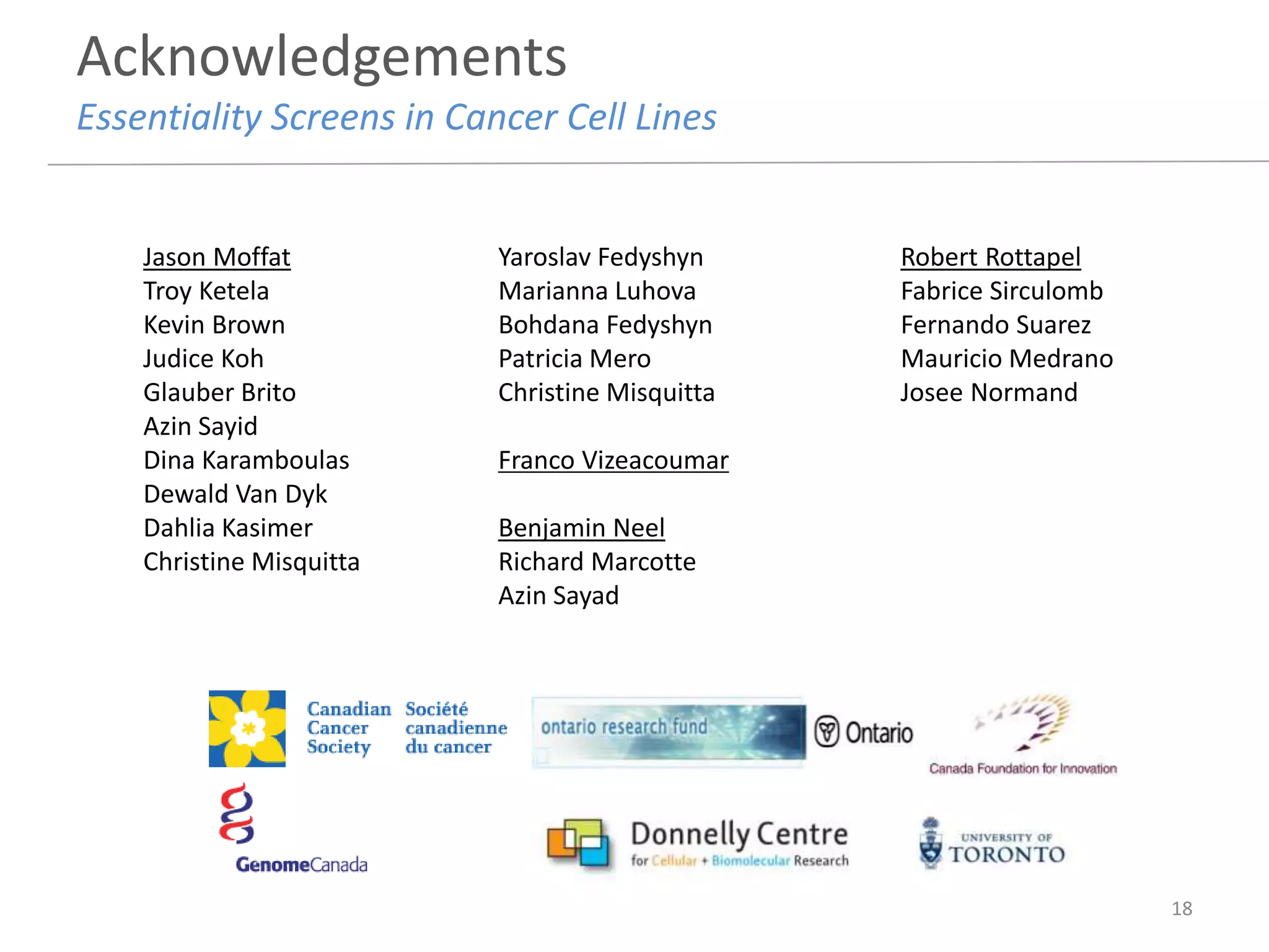 Robert Rottapel
Fabrice Sirculomb
Fernando Suarez
Mauricio Medrano
Josee Normand
Jason Moffat
Troy Ketela
Kevin Brown
Judice Koh
Glauber Brito
Azin Sayid
Dina Karamboulas
Dewald Van Dyk
Dahlia Kasimer
Christine Misquitta
Acknowledgements
Essentiality Screens in Cancer Cell Lines
18
Yaroslav Fedyshyn
Marianna Luhova
Bohdana Fedyshyn
Patricia Mero
Christine Misquitta
Franco Vizeacoumar
Benjamin Neel
Richard Marcotte
Azin Sayad
 