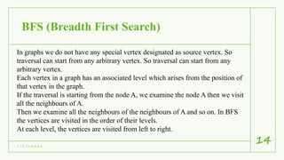 BFS (Breadth First Search)
7 / 1 7 / 2 0 2 1
14
In graphs we do not have any special vertex designated as source vertex. So
traversal can start from any arbitrary vertex. So traversal can start from any
arbitrary vertex.
Each vertex in a graph has an associated level which arises from the position of
that vertex in the graph.
If the traversal is starting from the node A, we examine the node A then we visit
all the neighbours of A.
Then we examine all the neighbours of the neighbours of A and so on. In BFS
the vertices are visited in the order of their levels.
At each level, the vertices are visited from left to right.
 