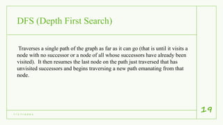 DFS (Depth First Search)
7 / 1 7 / 2 0 2 1
19
Traverses a single path of the graph as far as it can go (that is until it visits a
node with no successor or a node of all whose successors have already been
visited). It then resumes the last node on the path just traversed that has
unvisited successors and begins traversing a new path emanating from that
node.
 