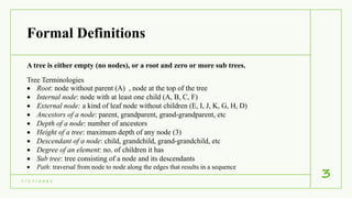Formal Definitions
7 / 1 7 / 2 0 2 1
3
A tree is either empty (no nodes), or a root and zero or more sub trees.
Tree Terminologies
 Root: node without parent (A) , node at the top of the tree
 Internal node: node with at least one child (A, B, C, F)
 External node: a kind of leaf node without children (E, I, J, K, G, H, D)
 Ancestors of a node: parent, grandparent, grand-grandparent, etc
 Depth of a node: number of ancestors
 Height of a tree: maximum depth of any node (3)
 Descendant of a node: child, grandchild, grand-grandchild, etc
 Degree of an element: no. of children it has
 Sub tree: tree consisting of a node and its descendants
 Path: traversal from node to node along the edges that results in a sequence
 