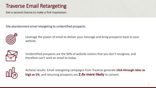 Traverse Email Retargeting
Get a second chance to make a first impression.
Leverage the power of email to deliver your message and bring prospects back to your
website.
Site abandonment email retargeting to unidentified prospects.
Achieve results: Email retargeting campaigns from Traverse generate click-through rates as
high as 5%, and returning prospects are 2.4x more likely to convert.
2
Unidentified prospects are the 90% of website visitors that you don't recognize, and
therefore can't send an email to today.
 