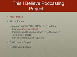 Avatar Project:  Spanish Oral ExamsHigh School Spanish 2 & 3 StudentsDeveloped an Avatar to take oral examsUsed http://voki.comFocus:  Engagement in oral speaking, oral speaking exams, culture representation with images