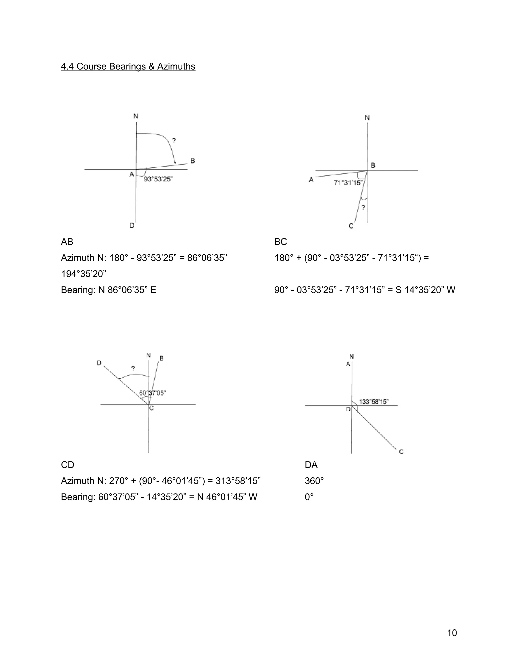 10
4.4 Course Bearings & Azimuths
AB BC
Azimuth N: 180° - 93°53’25” = 86°06’35” 180° + (90° - 03°53’25” - 71°31‘15“) =
194°35’20”
Bearing: N 86°06’35” E 90° - 03°53’25” - 71°31’15” = S 14°35’20” W
CD DA
Azimuth N: 270° + (90°- 46°01’45”) = 313°58’15” 360°
Bearing: 60°37’05” - 14°35’20” = N 46°01’45” W 0°
 