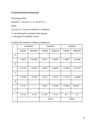 12
4.6 Adjusted Latitudes & Departures
The Compass Rule
Correction = – [∑∆y] / P × L or – [∑∆x] / P × L
Where
∑∆y and ∑∆x = the error in latitude or in departure
P = the total length or perimeter of the traverse
L = the length of a particular course
Compass rule correction to latitude and departure
Unadjusted Correction Adjusted
Latitude Departure Latitude Departure Latitude Departure
A
+1.8418 +24.9225 0.0214 0.02230 +1.8632 +24.9448
B
-51.1381 -12.5647 0.0452 0.04697 -51.0929 -12.51773
C
+11.5328 -12.4758 0.0146 0.01515 +11.5474 -12.46065
D
+37.65 0 0.0323 0.03358 +37.6823 +0.03358
A
-0.1135 -0.118 0.1135 0.118 0.0 0.0
Check Check
 