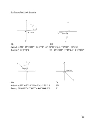 26
6.4 Course Bearings & Azimuths
AB BC
Azimuth N: 180° - 94°13’52.5” = 85°46’7.5” 180°+(90°-04°13’52.5”-71°57‘12.5“)= 193°48’55”
Bearing: N 85°46’7.5” E 90° - 04°13’52.5” - 71°57’12.5”= S 13°48’55”
CD DA
Azimuth N: 270° + (90°- 47°39’44.5”)= 313°20’15.5” 360°
Bearing: 61°03’32.5” - 13°48’55” = N 46°39’44.5” W 0°
 