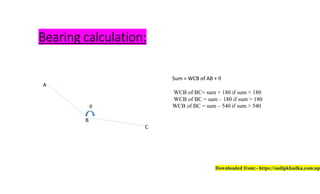Bearing calculation:
Sum = WCB of AB + θ
A
WCB of BC= sum + 180 if sum < 180
WCB of BC = sum – 180 if sum > 180
θ WCB of BC = sum – 540 if sum > 540
B
C
Downloaded from:- https://sudipkhadka.com.np
 
