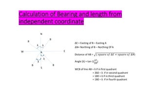 Calculation of Bearing and length from
independent coordinate
N
B
B
ΔE = Easting of B – Easting A
λ
ΔN= Northing of B – Northing Of A
W A E
Distance of AB = )
Angle (λ) = tan-1(
Δ𝐸
)
Δ𝑁
B
S
WCB of line AB = λ if in first quadrant
= 360 – λ if in second quadrant
= 180 + λ if in third quadrant
= 180 – λ if in fourth quadrant
B
 
