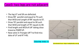 Case3: two legs are not adjacent
• The leg UT and SR are defected.
• Draw RR’ parallel and equal to TS such
that WCB and Length of RR’ equals to ST.
• Draw TR’ parallel and equal to SR such
that WCB and length of TR’ equals to SR.
• Find length and WCB of UR’ taking close
traverse PQRR’UP.
• Now solve in Triangle UR’T to find miss
data of UT and R’T=RS.
THANK YOU !!!
Downloaded from:- https://sudipkhadka.com.np
 