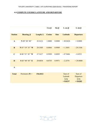TAYLOR’S UNIVERSITY | SABD | SITE SURVEYING (QSB 60103) | TRAVERSING REPORT
21
4.4 COMPUTE COURSE LATITUDE AND DEPARTURE
Cos β Sin β L cos β L sin β
Station Bearing, β Length, L Cosine Sine Latitude Departure
A N 00° 00’ 00’’ 48.8626 1.0000 0.0000 + 48.8626 + 0.0000
B N 87°19’ 35’’ W 29.3505 0.0466 0.9989 + 1.3691 - 29.3186
C S 00°32’ 30’’ W 47.9427 0.9999 0.0095 - 47.9406 - 0.4532
D S 85°40’ 05’’ E 29.8854 0.0755 0.9971 - 2.2574 + 29.8000
A
Total Perimeter (P) = 156.0412 Sum of
Latitude
∑∆y
= 0.0337
Sum of
Departure
∑∆x
= 0.0282
 