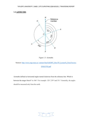 TAYLOR’S UNIVERSITY | SABD | SITE SURVEYING (QSB 60103) | TRAVERSING REPORT
7
1.4 AZIMUTHS
Figure 1.3: Azimuths
Sources: http://www.engr.mun.ca/~sitotaw/Site/Fall2007_files/TP_Lecture9_CloseTravers-
ENGI3703.pdf
Azimuths defined as horizontal angles turned clockwise from the reference line. Which is
between the ranges from 0°to 360°. For example: 128°, 239°and 351°. Generally, the angles
should be measured only from the north.
 