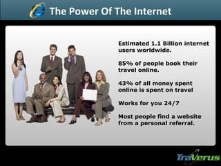 Estimated 1.1 Billion internet users worldwide. 85% of people book their travel online. 43% of all money spent online is spent on travel Works for you 24/7 Most people find a website from a personal referral. The Power Of The Internet 