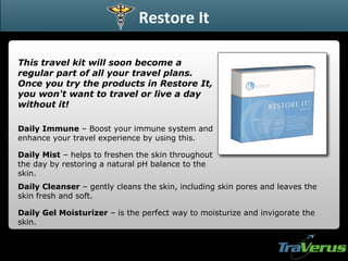 Daily Immune  – Boost your immune system and enhance your travel experience by using this. Daily Cleanser  – gently cleans the skin, including skin pores and leaves the skin fresh and soft. Daily Gel Moisturizer  – is the perfect way to moisturize and invigorate the skin. Daily Mist  – helps to freshen the skin throughout the day by restoring a natural pH balance to the skin. Restore It This travel kit will soon become a regular part of all your travel plans. Once you try the products in Restore It, you won't want to travel or live a day without it! 